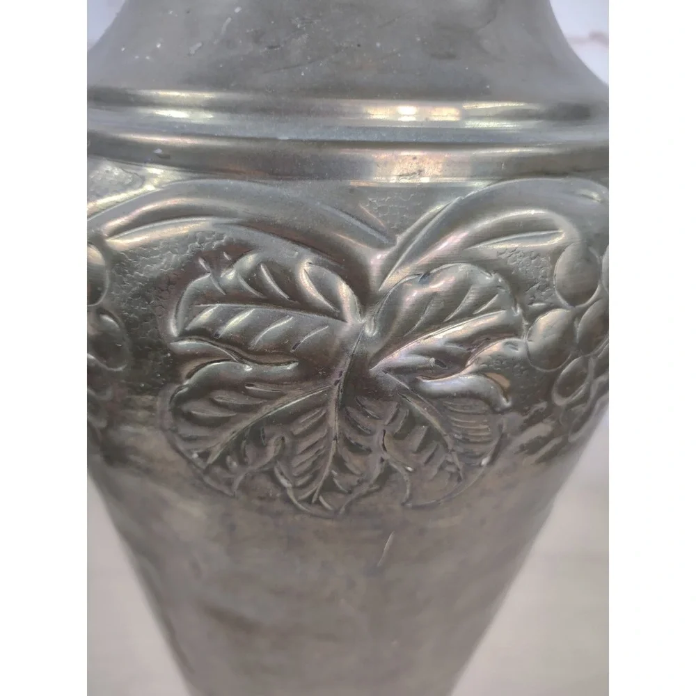 Vintage Distressed Tall Brass Embossed Urn Vase Vessel India 14.5
